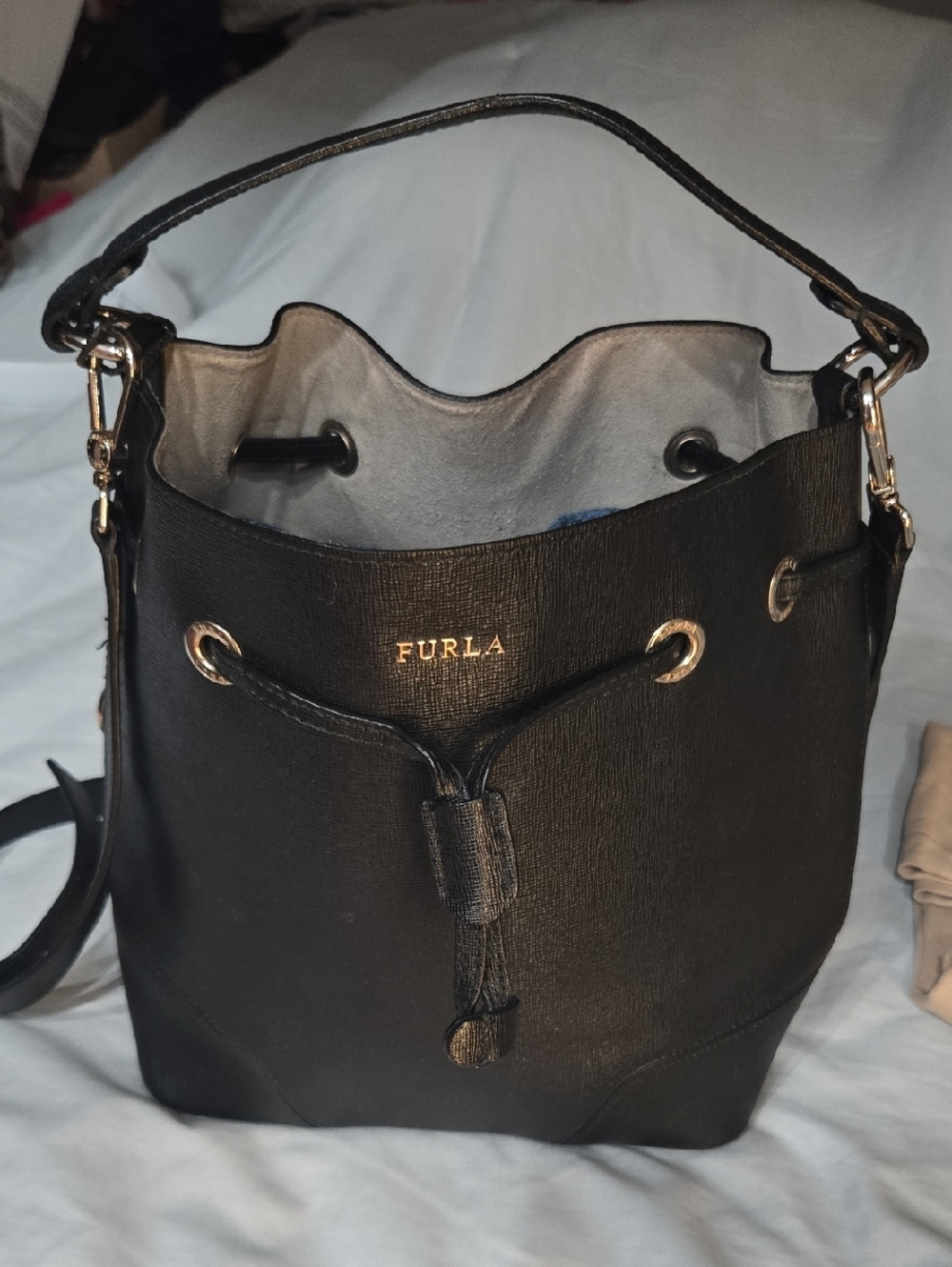 Furla Black Leather Drawstring Bucket Shoulder Bag